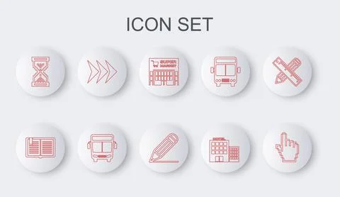 Set line Pixel hand cursor, Open book, Supermarket building, Hotel, Hourgla.. 库存插图