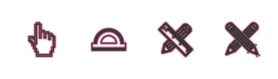 Set line Pixel hand cursor, Crossed ruler pencil, Protractor grid and  icon.  Stock Illustration