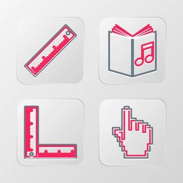 Set line Pixel hand cursor, Folding ruler, Audio book and Ruler icon. Vector Stock Illustration