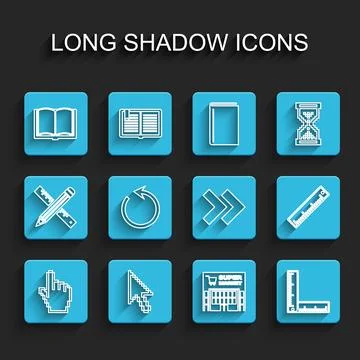 Set line Pixel hand cursor, arrow, Open book, Supermarket building, Folding.. Stock Illustration