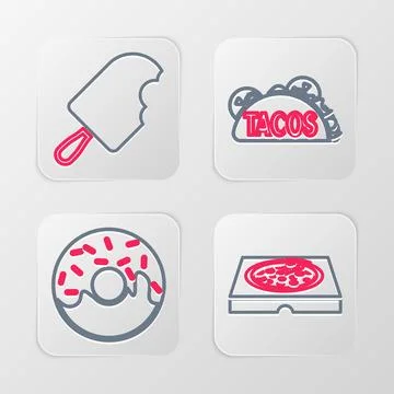 Set line Pizza in cardboard box, Donut, Taco with tortilla and Ice cream ic.. Stock Illustration