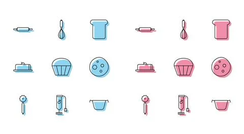 Set line Pizza knife, Blender, Rolling pin, Cooking pot, Muffin, Cookie or .. Stock Illustration