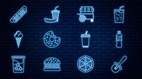 Set line Pizza knife, Bottle of water, Fast street food cart, Donut, Ice cr.. Stock Illustration