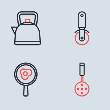 Set line Pizza knife, Fried eggs on frying pan, Spatula and Kettle with han.. Illustrazione stock