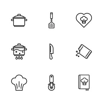 Set line Pizza knife Packet of pepper Cookbook Knife Chef hat Cooking pot Spa Stock Illustration