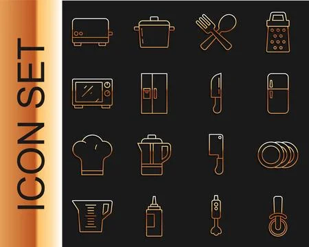 Set line Pizza knife, Plate, Refrigerator, Crossed fork and spoon, Microwav.. Stock Illustration