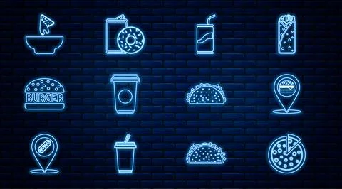 Set line Pizza, Location with burger, Soda can drinking straw, Coffee cup, .. Illustrazione stock