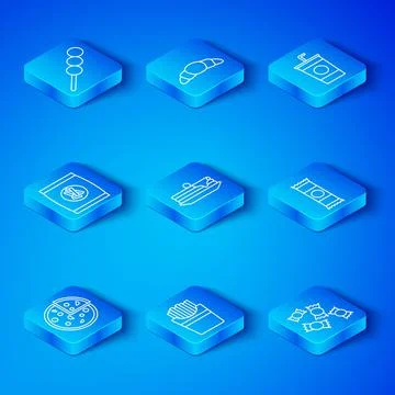 Set line Pizza, Stack of pancakes, Potatoes french fries in box, Chocolate ba イラスト素材