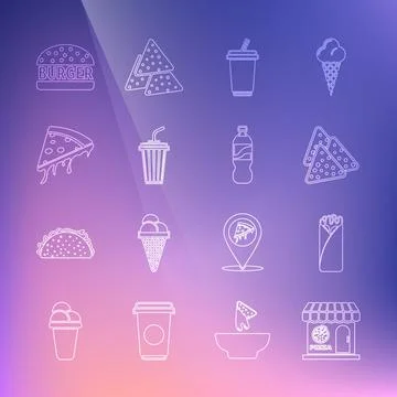 Set line Pizzeria building facade, Burrito, Nachos, Glass with water, Slice of Ilustración de archivo