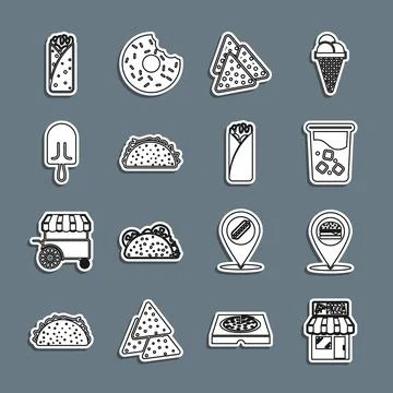 Set line Pizzeria building facade, Location with burger, Glass water, Nachos, Ilustración de archivo