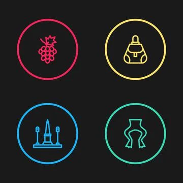 Set line Place De La Concorde, Frog legs, Handbag and Grape fruit icon. Vector Stock Illustration