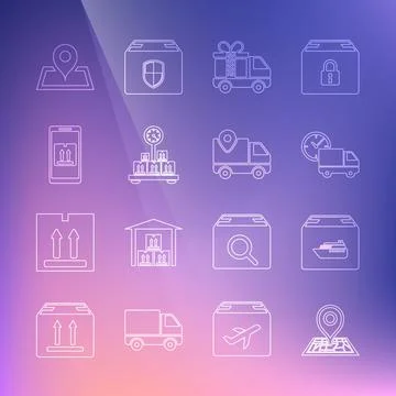 Set line Placeholder on map, Cargo ship with boxes, Delivery truck and clock Stock Illustration