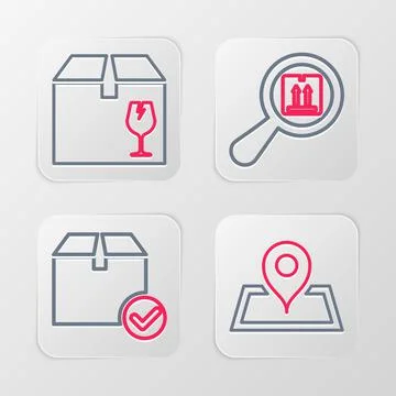 Set line Placeholder on map, Package box with check mark, Search package and Illustrazione stock