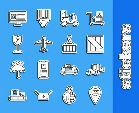 Set line Placeholder on map paper, Forklift truck, Wooden box, Scooter delivery Stock-Illustration