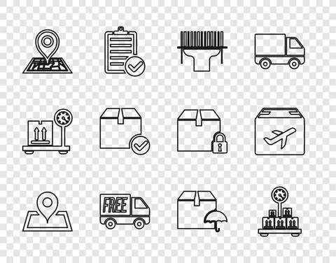Set line Placeholder on map, Scale with cardboard box, Scanner scanning bar code Stock-Illustration