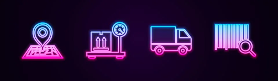 Set line Placeholder on map, Scale with cardboard box, Delivery cargo truck Illustrazione stock