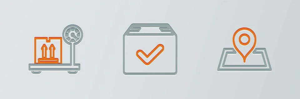 Set line Placeholder on map, Scale with cardboard box and Package check mark Stock Illustration