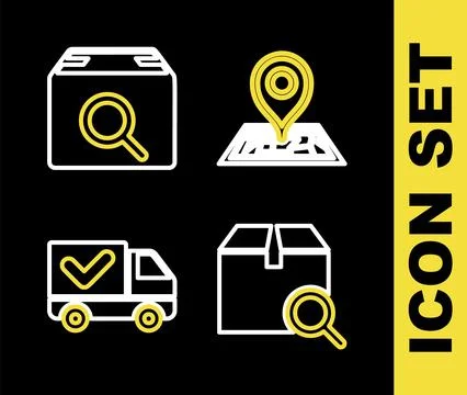 Set line Placeholder on map, Search package, Delivery truck with check mark.. 库存插图