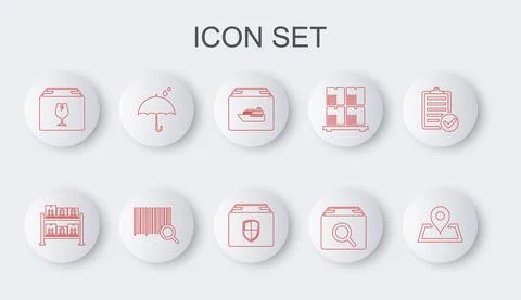 Set line Placeholder on map, Warehouse, Cargo ship with boxes, Search package Stock Illustration
