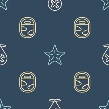 Set line Plane, Airplane window and Starfish on seamless pattern. Vector Illustrazione stock