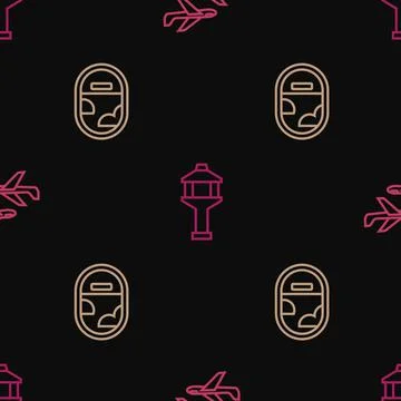 Set line Plane, Airplane window and Airport control tower on seamless pattern Stock Illustration