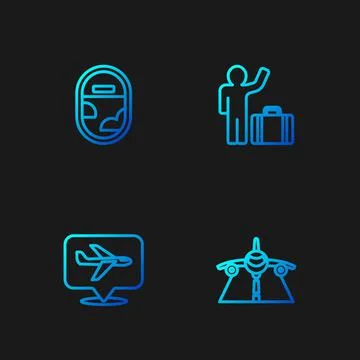 Set line Plane, , Airplane window and Tourist with suitcase. Gradient color Stock Illustration