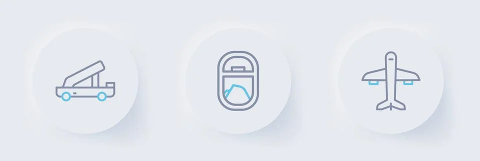 Set line Plane, Airplane window and Passenger ladder icon. Vector Stock Illustration