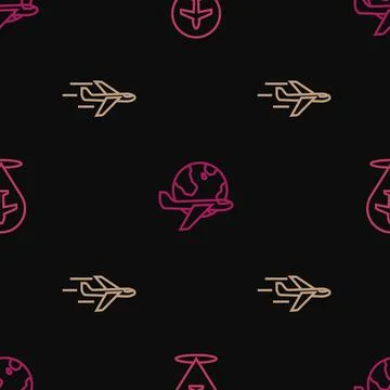 Set line Plane,  and Globe with flying plane on seamless pattern. Vector Stock Illustration