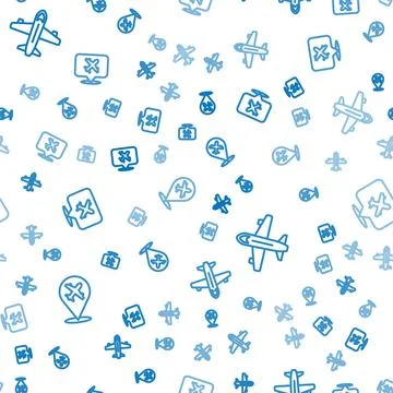 Set line Plane, and Speech bubble with airplane on seamless pattern. Vector Stock Illustration