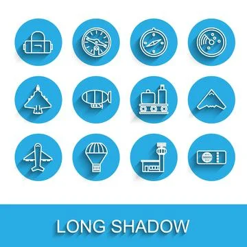 Set line Plane, Box flying on parachute, Suitcase, Airport control tower Stock Illustration