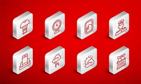 Set line Plane, Clock, Airplane window, Pilot, Sun and cloud weather, Box flying Stock Illustration