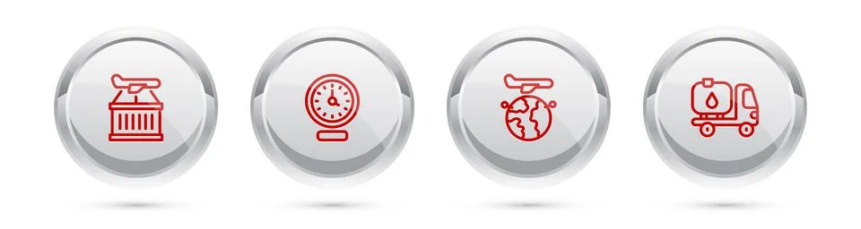 Set line Plane, Clock, Globe with flying plane and Fuel tanker truck. Silver Illustrazione stock