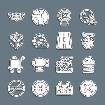 Set line Plane, Cloud with rain, Globe flying plane, Clock, Sun and cloud w.. Stock Illustration
