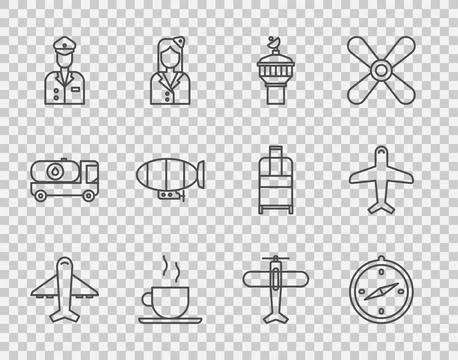 Set line Plane, Compass, Radar, Coffee cup, Pilot, Airship,  and  icon. Vecto Stock Illustration