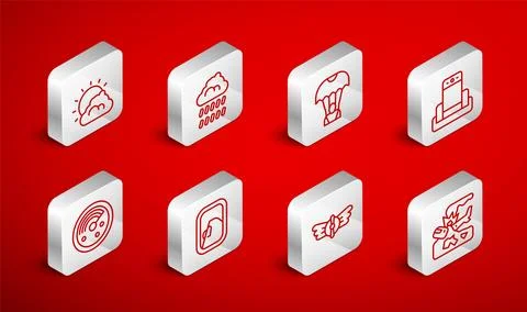 Set line Plane crash, Cloud with rain, Parachute, Metal detector airport Stock Illustration