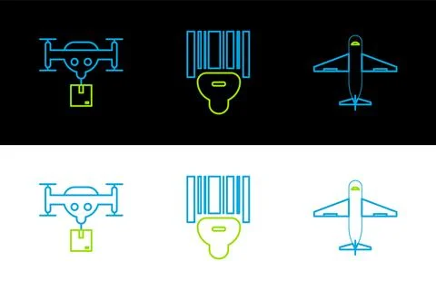 Set line Plane, Delivery drone with the package and Scanner scanning bar co.. Stock-Illustration