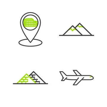 Set line Plane, Egypt pyramids, Mountains and Map pointer with Coliseum Rome Illustrazione stock