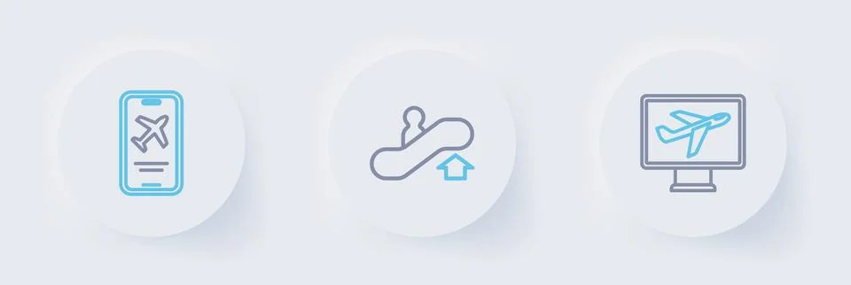 Set line Plane, Escalator up and Mobile with ticket icon. Vector Stock Illustration