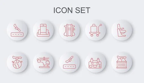 Set line Plane, Globe with flying plane, Parachute, Aircraft steering helm Illustrazione stock