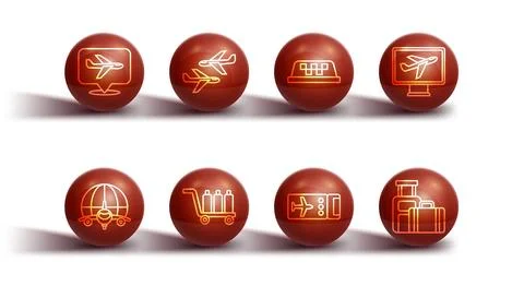 Set line Plane, Globe with flying plane, Airline ticket, Trolley baggage Illustration