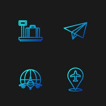Set line Plane, Globe with flying plane, Scale suitcase and Paper airplane... Stock Illustration