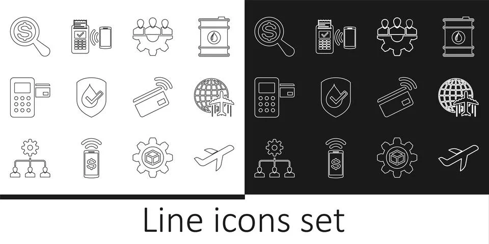 Set line Plane, Globe with flying plane, Project team base, Waterproof, Pos.. Stock Illustration