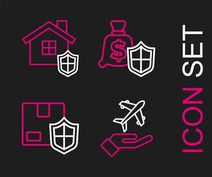Set line Plane in hand, Delivery security with shield, Money and House icon Stock Illustration