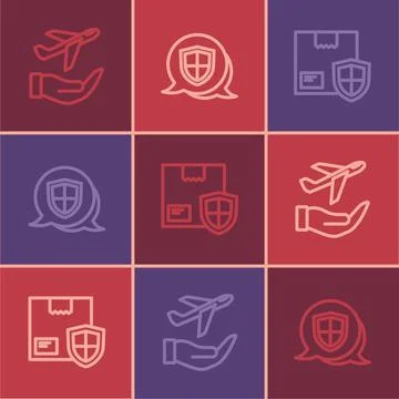 Set line Plane in hand, Delivery security with shield and Shield icon. Vector Stock Illustration