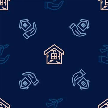 Set line Plane in hand, House and on seamless pattern. Vector Illustrazione stock