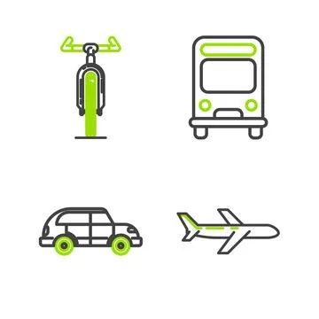 Set line Plane, Hatchback car, Bus and Bicycle icon. Vector Stock Illustration