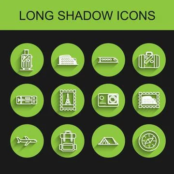 Set line Plane, Hiking backpack, Suitcase for travel and stickers, Tourist .. 스톡 일러스트