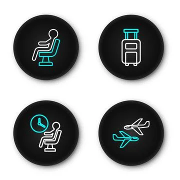 Set line Plane, Human waiting in airport terminal, Suitcase and  icon. Vector Illustration
