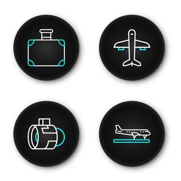 Set line Plane, Jet engine turbine,  and Suitcase icon. Vector Stock Illustration