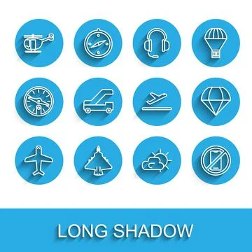 Set line Plane, Jet fighter, Helicopter, Sun and cloud weather, No cell phone Illustrazione stock